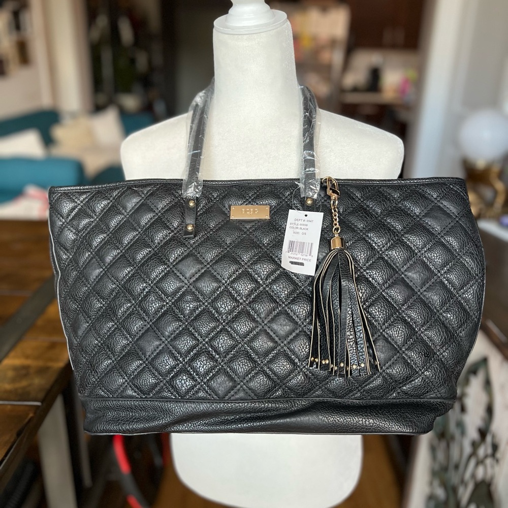 BCBG Black Quilted Tote with Tassel